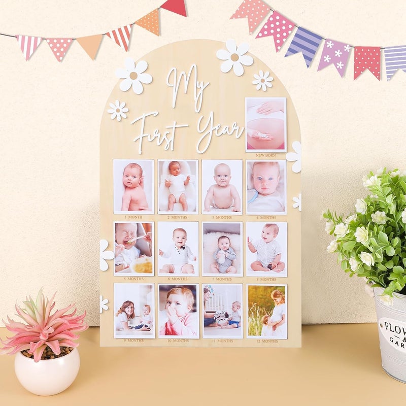 FLhdM My First Year Photo Frame Board, 1st Birthday Girl Boy Gifts, Newborn Newmom Gift, 1 Year Old Girls Gifts, One Year Birthday Party Decorations, Baby Shower Baptism Favors, 12 Months Milestone - Image 5